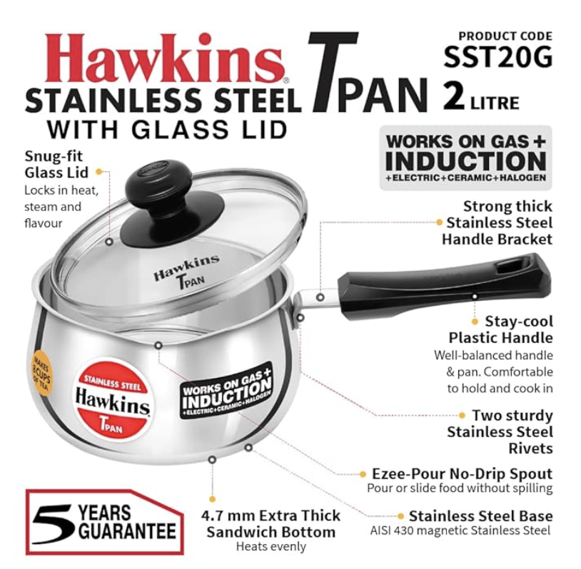 Hawkins 2 Litre Tpan, Stainless Steel Tea Pan with Glass Lid, Induction Sauce Pan, Chai Pan, Saucepan, Silver (SST20G)