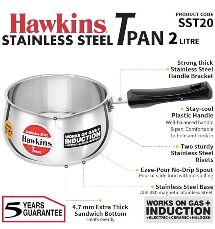 Hawkins 2 Litre Tpan, Stainless Steel Tea Pan, Induction Sauce Pan, Chai Pan, Saucepan, Silver (SST20)