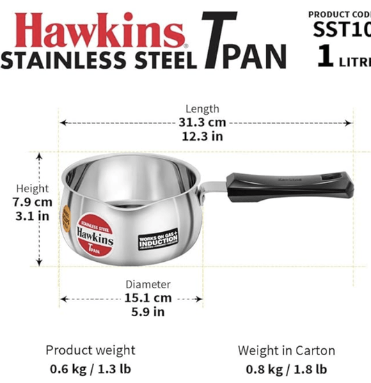 Hawkins 1 Litre Tpan, Stainless Steel Tea Pan, Induction Sauce Pan, Chai Pan, Small Pan, Silver (SST10)
