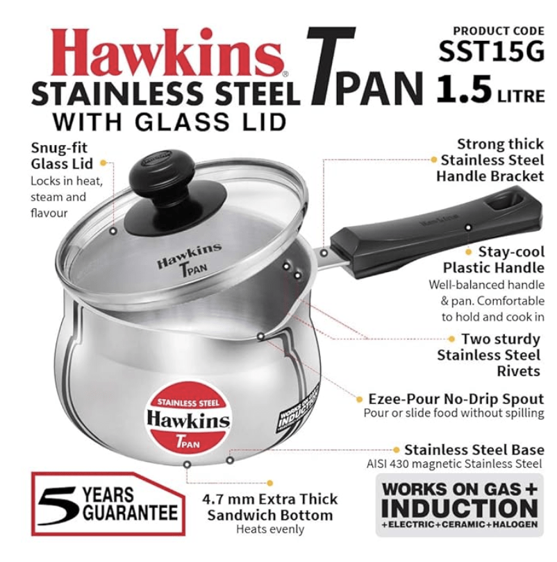 Hawkins Stainless Steel Tpan 1.5L with Glass lid