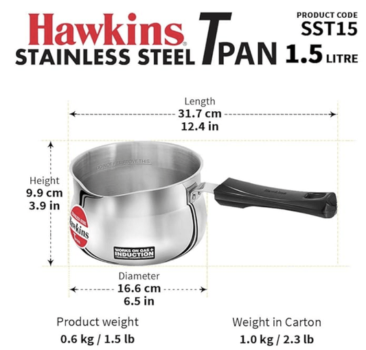 Hawkins 1.5 Litre Tpan, Stainless Steel Tea Pan, Induction Sauce Pan, Chai Pan, Saucepan, Silver (SST15)