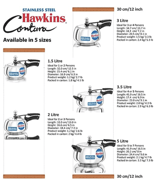 Hawkins 3.5 Litre Contura Pressure Cooker, Stainless Steel Inner Lid Cooker, Handi Cooker, Induction Cooker, Silver (SSC35)