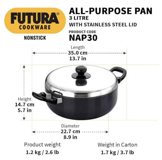 Hawkins Futura Nonstick All-Purpose Pan 3L, 22 cm, 3.25 mm with SS Lid (Black)