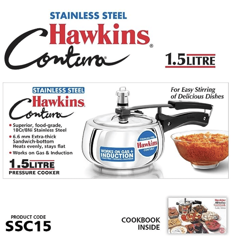 Hawkins Stainless Steel Contura Induction Compatible Pressure Cooker, 1.5 Litre, Silver (SSC15)