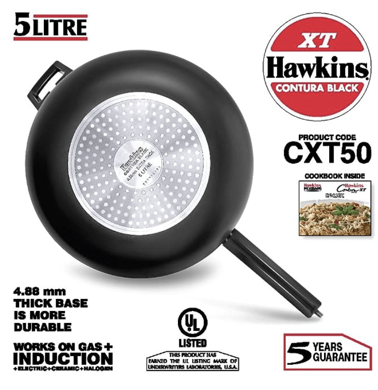 Hawkins Contura Black XT 5 Litre Inner Lid Pressure Cooker, Hard Anodised Cooker, Induction Cooker, Handi Cooker, Black (CXT50)