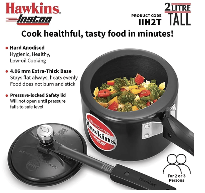 Hawkins 2 Litre Instaa Pressure Cooker, Induction Inner Lid Cooker, Tall Body Hard Anodised Cooker, Best Black Cooker, Black (IIH2T)