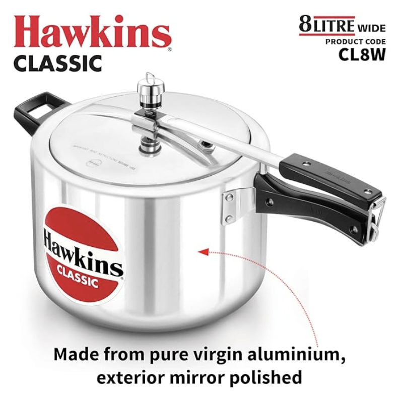 Hawkins Classic 8 Litre Aluminium Inner Lid Pressure Cooker, Wide Design Pan Cooker, Big Cooker, Silver (CL8W)