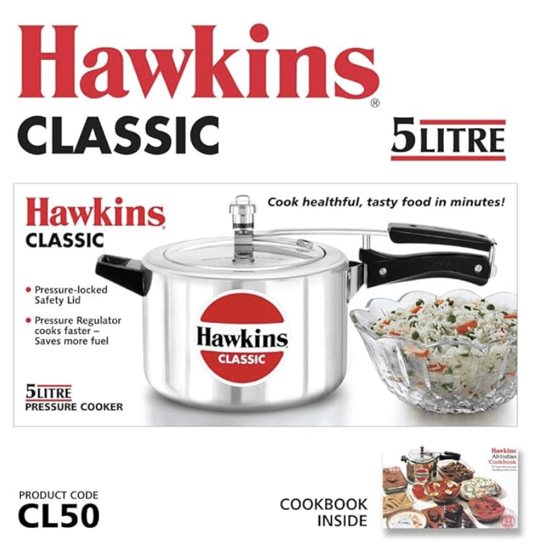 Hawkins Classic Aluminium Inner Lid Pressure Cooker, 5 Litre, Silver (CL50)