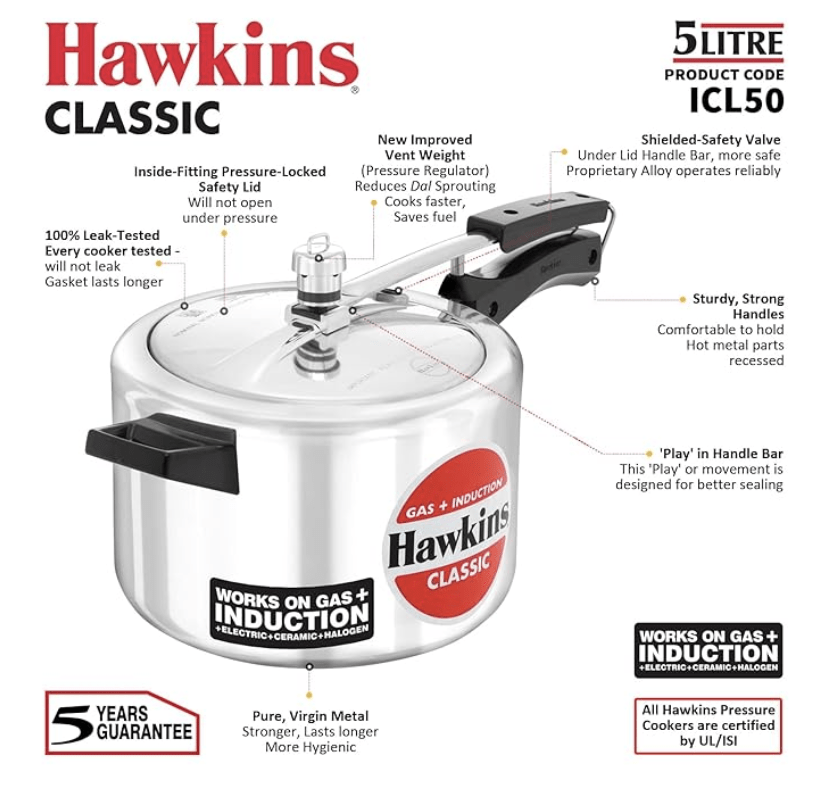Hawkins 5 Litre Classic Pressure Cooker, Induction Inner Lid Cooker, Pan Cooker, Best Cooker, Silver (ICL50, Aluminium)