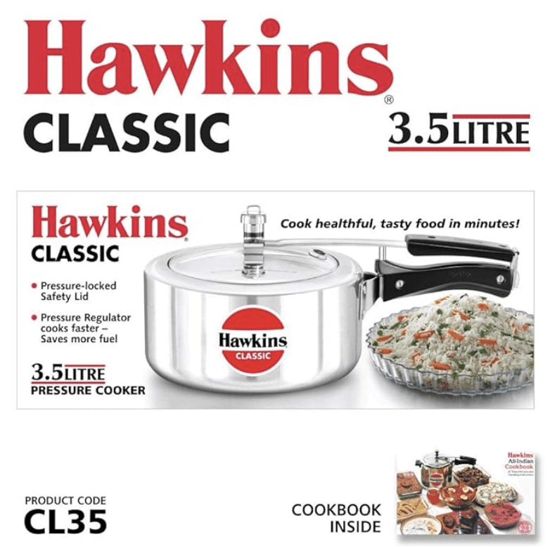 Hawkins Classic 3.5 Litre Aluminium Inner Lid Pressure Cooker, Best Cooker, Silver (CL35)