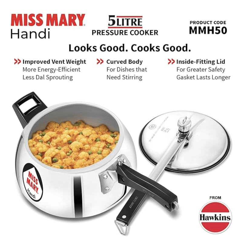 Hawkins 5 Litre Miss Mary Handi Pressure Cooker, Inner Lid Cooker, Silver (MMH50) (Aluminium)