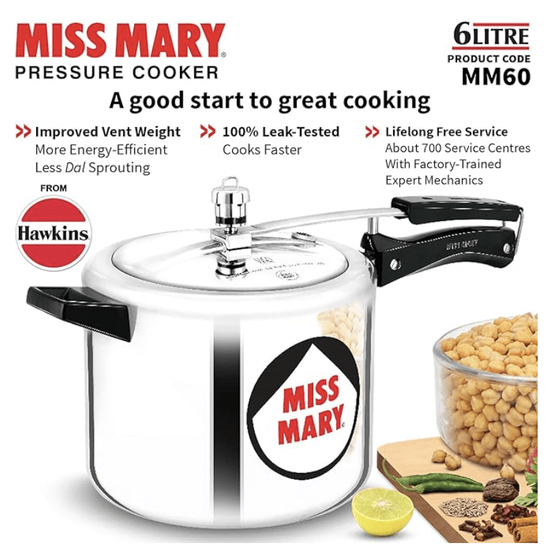Hawkins 6 Litre Miss Mary Pressure Cooker, Inner Lid Cooker, Silver (MM60)