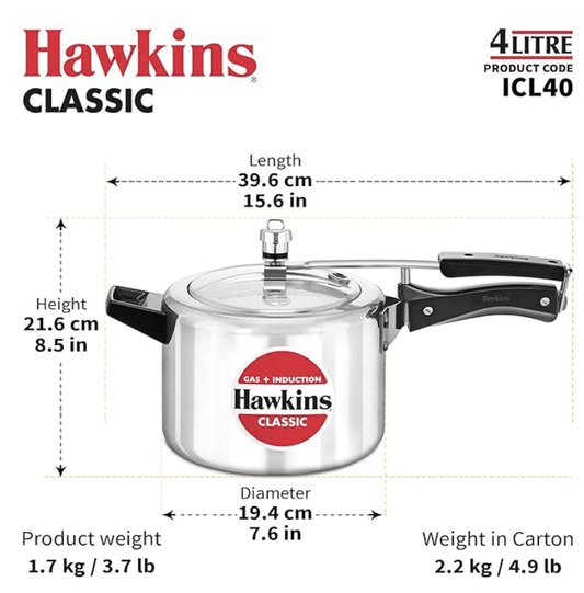 Hawkins 4 Litre Classic Pressure Cooker, Induction Inner Lid Cooker, Pan Cooker, Best Cooker, Silver (ICL40, Aluminium)