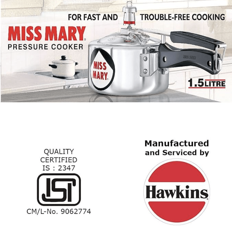 Hawkins Miss Mary Pressure Cooker, 1.5 Litre, Silver (MM15)
