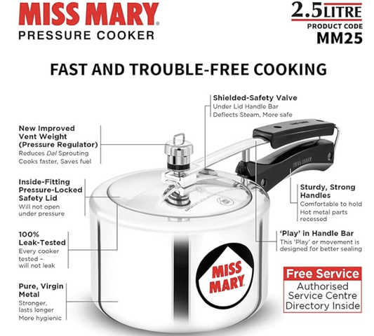 Hawkins Miss Mary Pressure Cooker, 2.5 Litre, Silver (MM25)