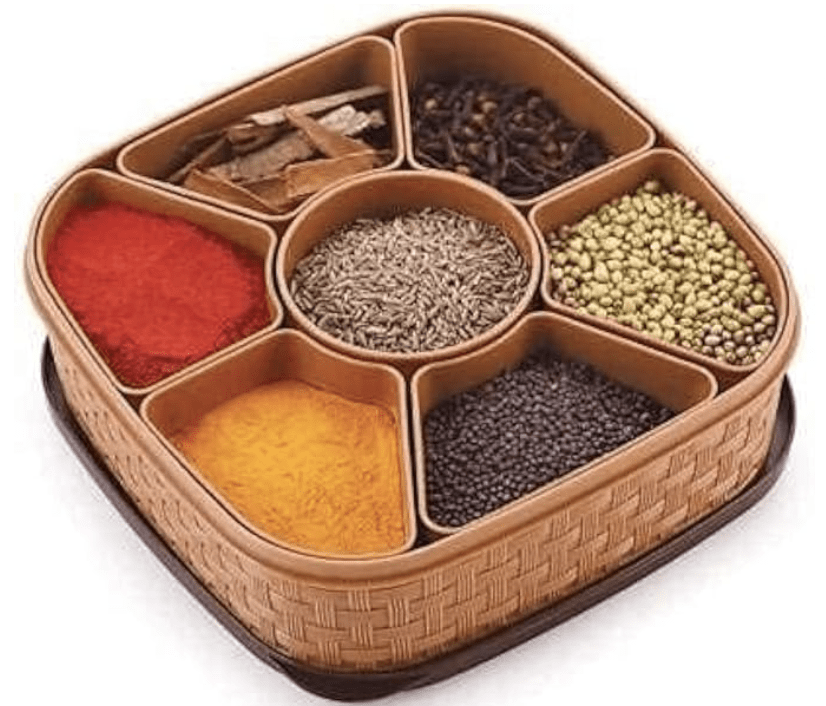 Nakoda Woven Sq Titan Plastic Masala Box (Dabba) - 7 Sections, 700 Ml, Assorted Colour (Multicolour), 1 Piece