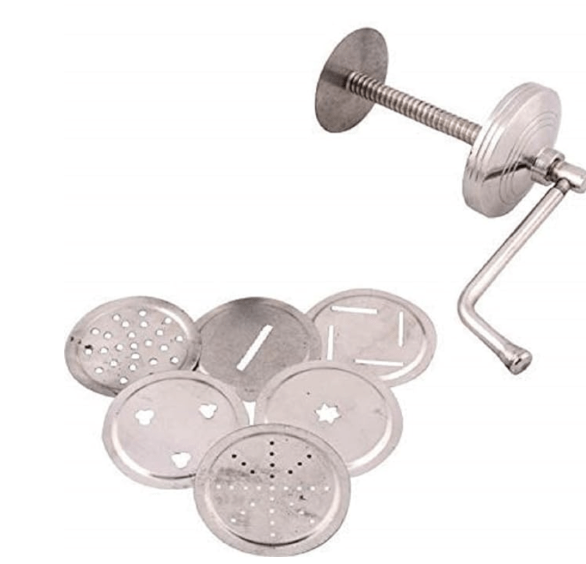 Stainless Steel Sev Chakli Murukku Sancha Maker Machine with 6 Different Jalis (Medium, Silver)