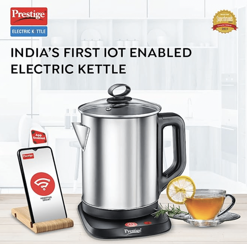 Prestige Smart-1.7 IOT Enabled Electric Kettle with Concealed Element 1.7L, 1500W, Silver Variable Temperature Control Through WiFi
