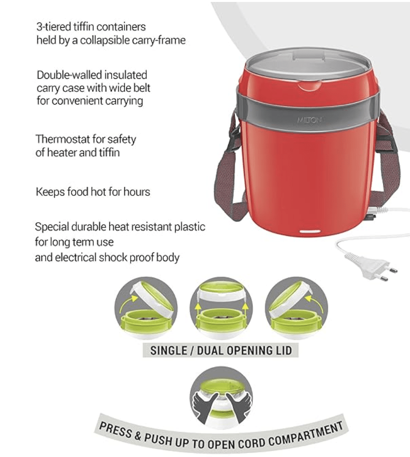 Milton Euroline Futron Tiffin Stainless Steel Tiffin Box Set, 360ml/180mm, Set of 3, Red
