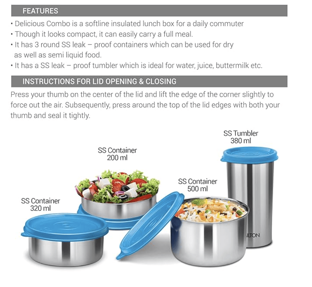 Milton Delicious Combo Stainless Steel Insulated Tiffin, Set of 3 Containers (200 ml, 320 ml, 500 ml) and 1 Tumbler, 380 ml, Orange | Airtight | Dishwasher-Safe | Easy to carry | Leak proof | Insulated | Food Grade | Odour Proof