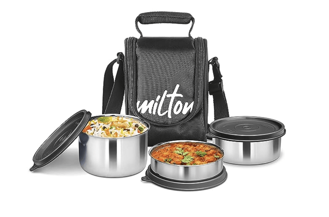 Milton Tasty 4 Stainless Steel Lunch Box with 4 Containers, (1 - 200 ml, 2 - 320 ml Each, 1 - 500 ml), Blue | Leak proof | Easy to carry | Stainless Steel | Odour Proof | Food Grade | Light Weight | Easy to Clean