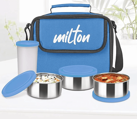 MILTON New Steel Combi Lunch Box, 3 Containers and 1 Tumbler with Jacket, Set of 4, Black | Food Grade | Light Weight | Dishwasher Safe | Easy to Carry | Leak Proof