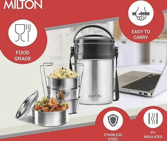 Milton Steel On 4 Tier Insulated Tiffin Box, 380 ml, Silver