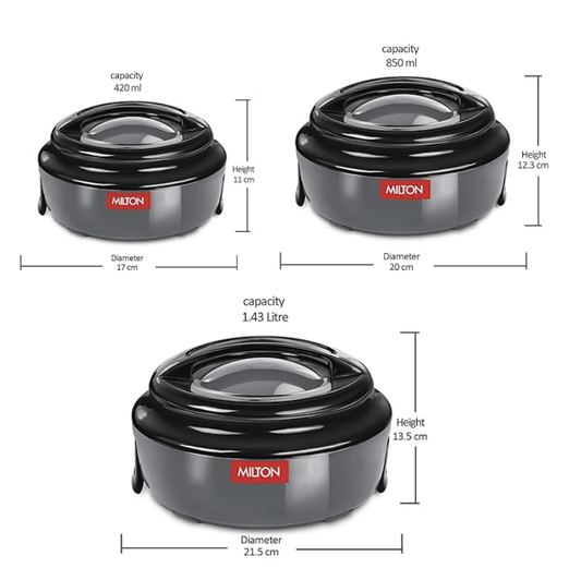 MILTON Ernesto Inner Stainless Steel Jr. Casserole Set of 3 (420 ml, 850 ml, 1.43 litres) | Easy to Carry | Serving | Stackable
