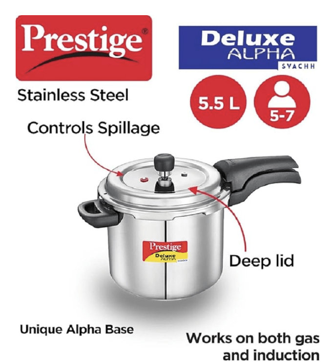 Prestige 5.5 Litres Svachh Deluxe Alpha Induction Base Outer Lid Stainless Steel Pressure Cooker | Deep lid controls spillage |Silver | Anti-Bulge Base | Sturdy Handles | Pressure Indicator