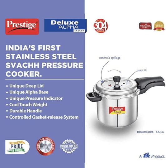 Prestige 5.5 Litres Svachh Deluxe Alpha Induction Base Outer Lid Stainless Steel Pressure Cooker | Deep lid controls spillage |Silver | Anti-Bulge Base | Sturdy Handles | Pressure Indicator