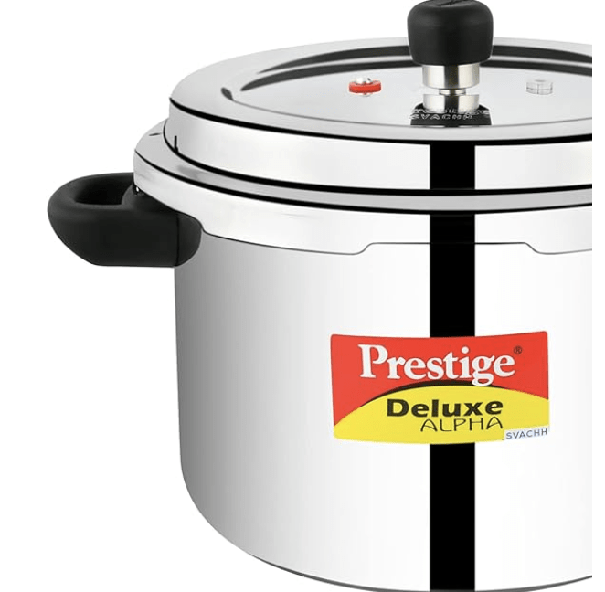 Prestige 6.5 Litres Deluxe Alpha Svachh Induction Base Outer Lid Stainless Steel Pressure Cooker | Deep lid controls spillage| Silver | Pressure Indicator | Gasket-Release System | Anti-Bulge Base