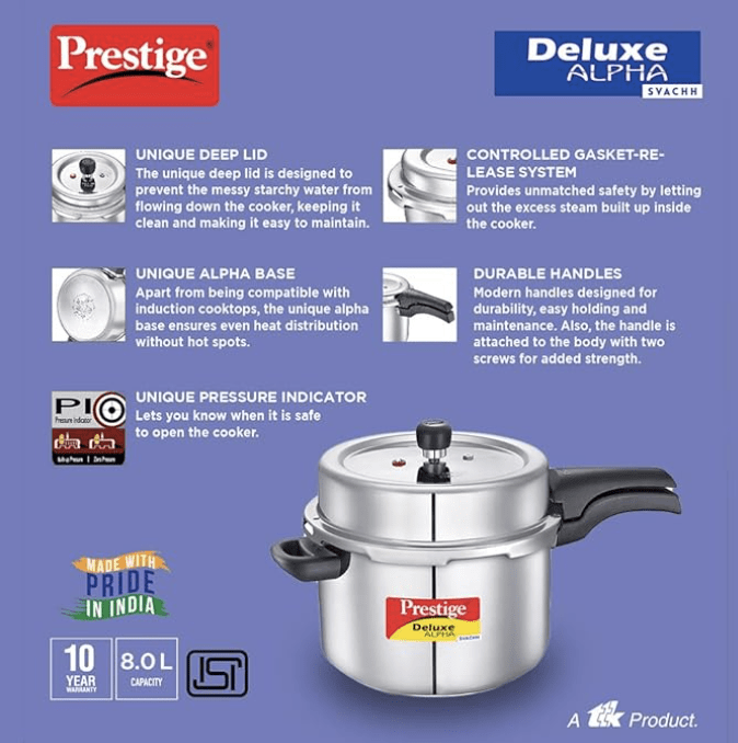 Prestige 8 Litres Svachh Deluxe Alpha Induction Base Outer Lid Stainless Steel Pressure Cooker | Deep Lid controls spillage| Silver | Straight Wall | Pressure Indicator | Gasket-release system