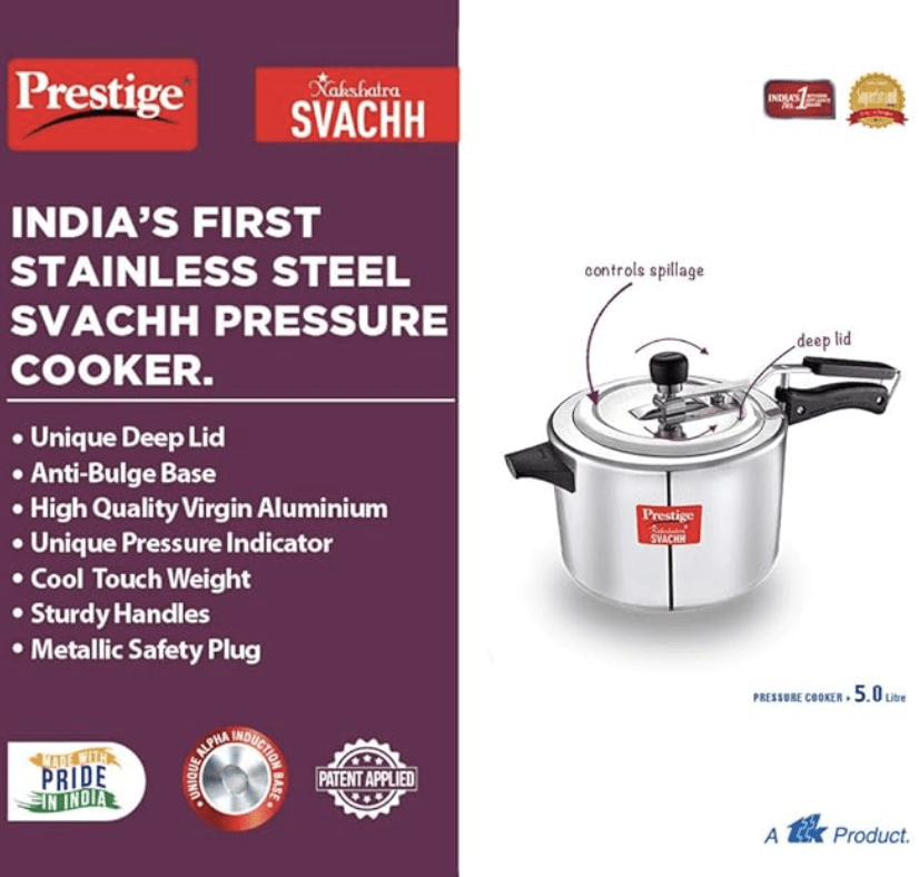 Prestige Nakshatra Plus Svachh Aluminium Straight Wall Inner Lid Pressure Cooker - Silver, 5 L, 5 Liter