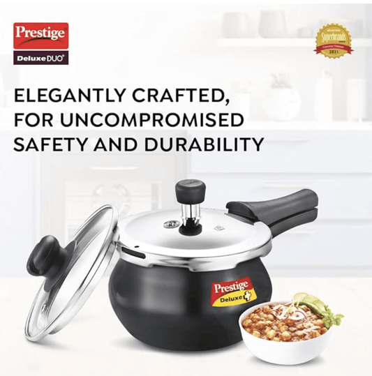 Prestige Deluxe Duo Plus Hard Anodised Outer Lid Handi Pressure Cooker With Stainless Steel Lid 3.0 Liters and Glass lid