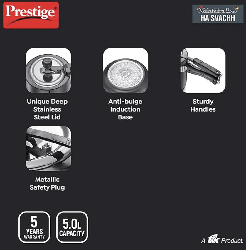 Prestige 5L Nakshatra Duo Plus Svachh Hard Anodised Pressure Cooker (Aluminium)|Gas & Induction compatible