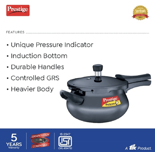 Prestige Deluxe Plus Hard Anodised Aluminium Outer Lid Pressure Cooker Handi, 3 Litre, Black, 3 Liter