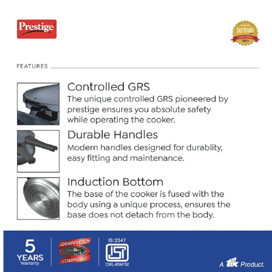 பிரெஸ்டீஜ் டீலக்ஸ் பிளஸ் ஹார்ட் அனோடைஸ்டு அலுமினியம் அவுட்டர் லிட் பிரஷர் குக்கர் ஹேண்டி, 3 லிட்டர், கருப்பு, 3 லிட்டர்