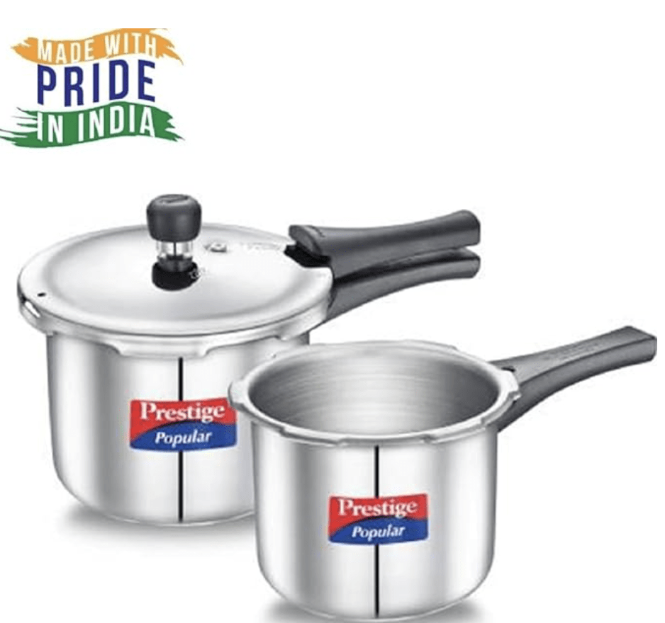 Prestige Popular 3L,2L stainless steel pressure cooker combo(1 lid)|Gas & induction compatible|Metallic Safety Plug|Controlled Gasket-Release System|5Y warranty