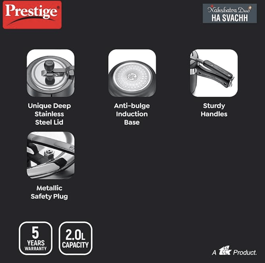 பிரெஸ்டீஜ் நட்சத்திரா டியோ பிளஸ் ஸ்வச் ஹார்ட் அனோடைஸ்டு அலுமினிய பிரஷர் குக்கர் 2.0 எல், கருப்பு