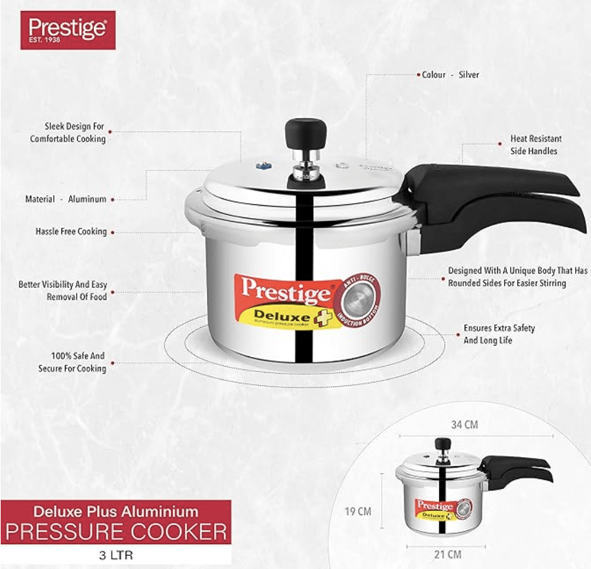 Prestige Deluxe Plus Induction Base Aluminium Outer Lid Pressure Cooker, 3 Litres, Silver