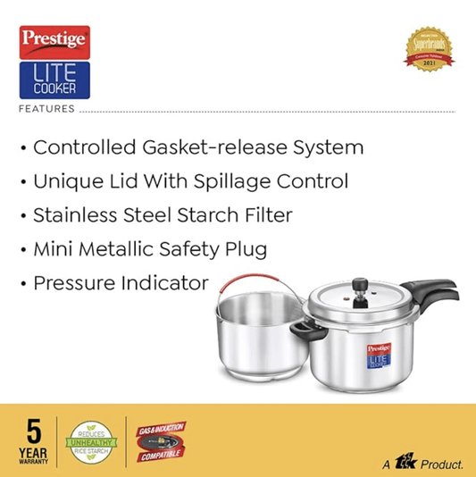 Prestige Svachh Lite Stainless Steel Outer Lid Pressure Cooker, with Stain Less Steel Starch Filter, 4 LTR, 4 Liter