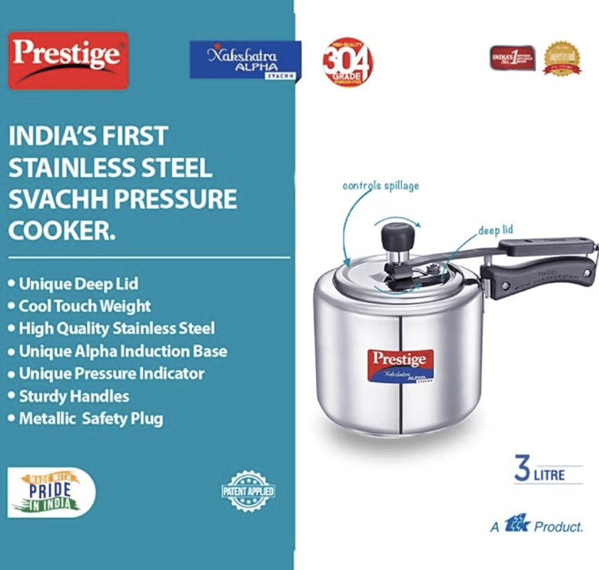 பிரெஸ்டீஜ் ஸ்வச், 20245, 3 லி, நட்சத்திர ஆல்பா நேரான சுவர், கசிவைக் கட்டுப்படுத்த ஆழமான மூடியுடன் (உள் மூடி, துருப்பிடிக்காத எஃகு, வெள்ளி)