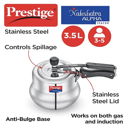 Prestige Svachh, 20257, 3.5 L, Nakshatra Alpha Svachh Handi, with deep lid for Spillage Control (Inner Lid, Stainless Steel, Silver)