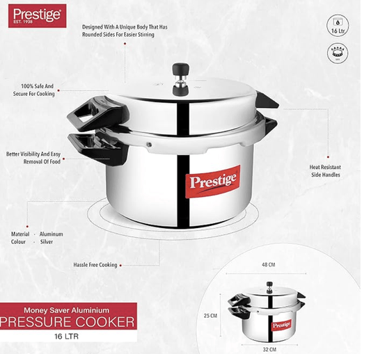 Prestige Popular Aluminium Outer Lid Pressure Cooker, 16 Liters, Silver