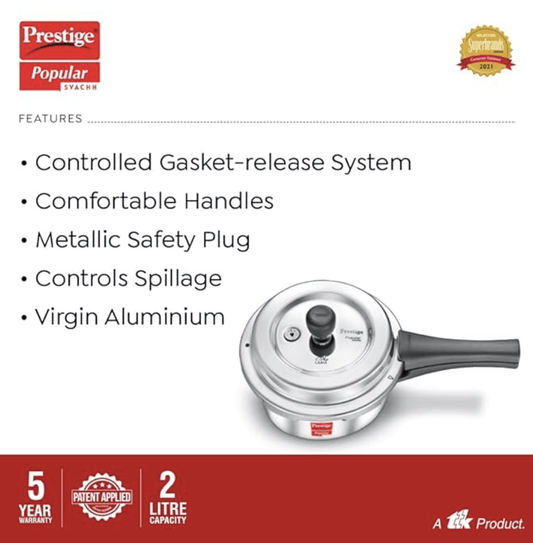 Prestige 2L Popular Svachh Aluminium Outer Lid Pressure Cooker|Ideal for 2-3 persons|Deep lid for Spillage Control|5 years warranty