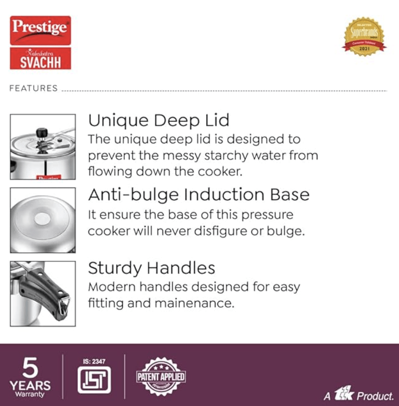 Prestige Nakshatra Svachh Aluminium Inner Lid Pressure Cooker with Unique Deep Lid for Spillage Control, 10 Litre, Silver