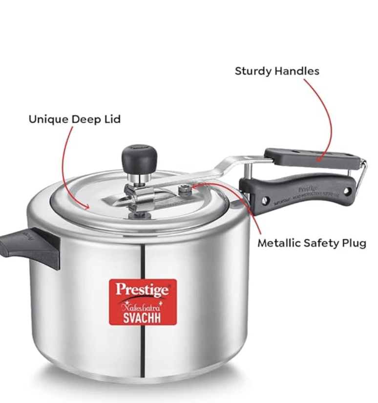 Prestige Nakshatra Plus Svachh Aluminium Inner Lid Pressure Cooker with Unique Deep Lid which Controls Spillage, 6.5 Litre, Silver