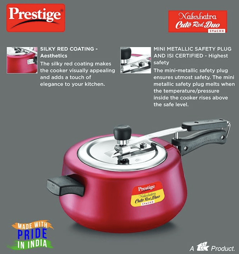 Prestige Nakshatra Cute Duo Svachh Aluminium Inner Lid Pressure Cooker, 5 Litre, Red, 5 Liter