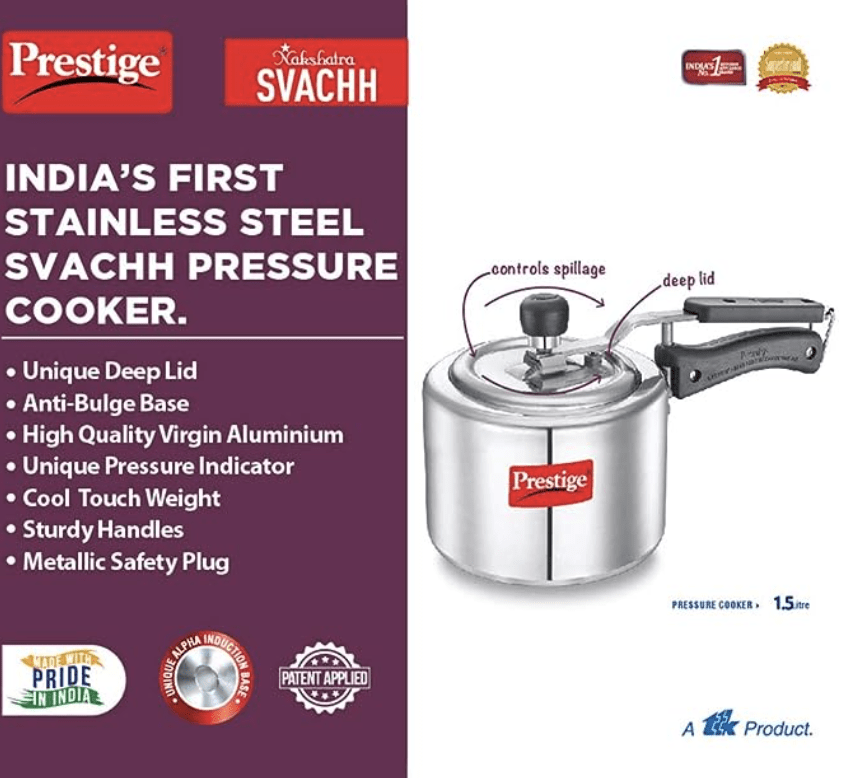 Prestige Svachh, 10738, 1.5 L, Straight Wall Aluminium Inner Lid Pressure Cooker, With Deep Lid For Spillage Control - Silver, 1.5 Liter