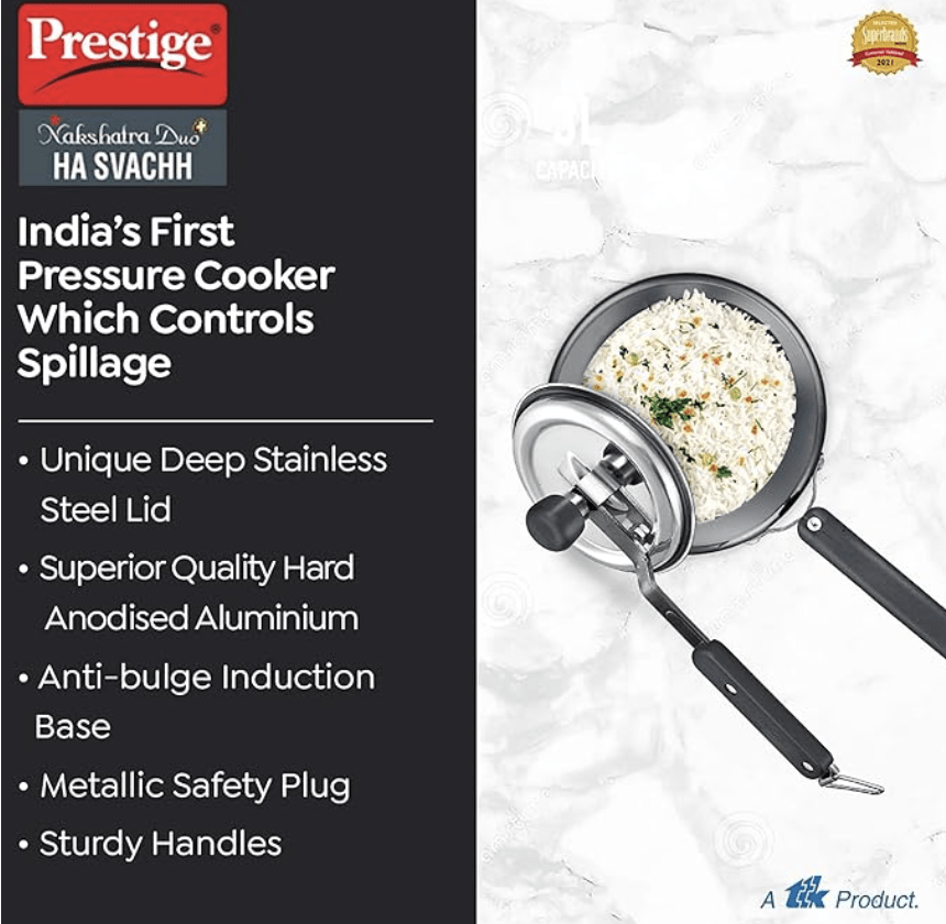 Prestige 3L Nakshatra Duo Plus Svachh Hard Anodised Inner Lid Pressure Cooker (Aluminium)|Deep stainless steel lid controls spillage|Metallic safety plug|5 years warranty
